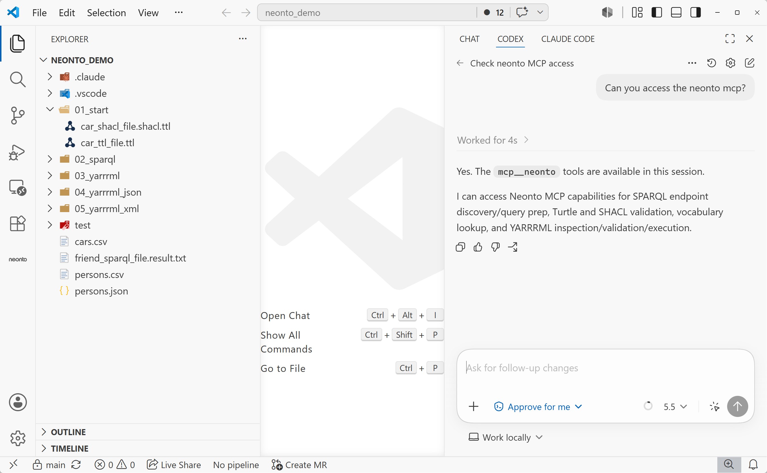 Codex chat confirming access to the neonto MCP tools